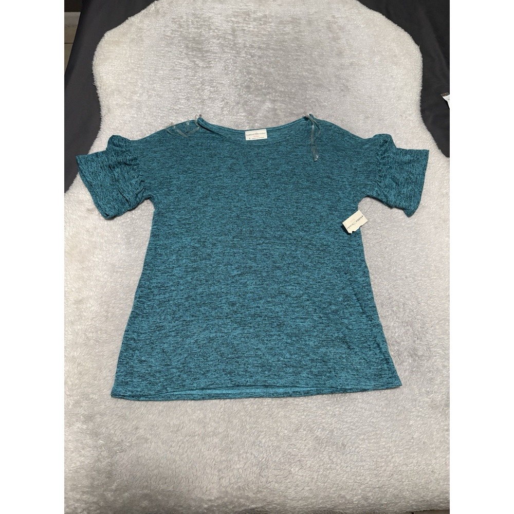 Bobbie Brooks S Top New Teal Heathered Short Sleeve Double Ruffle Knit Blouse